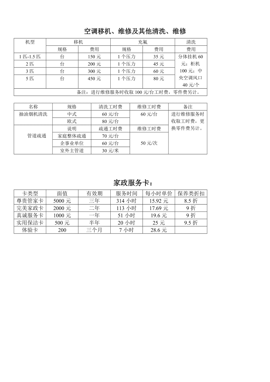 家政服务报价表